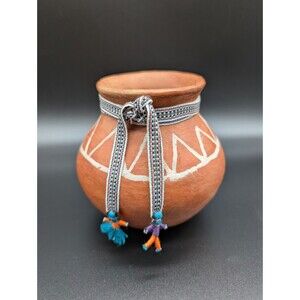 Guatemalan Mayan Terra Cotta Pot 5" With Woven Ribbon & Tiny Worry Dolls EUC